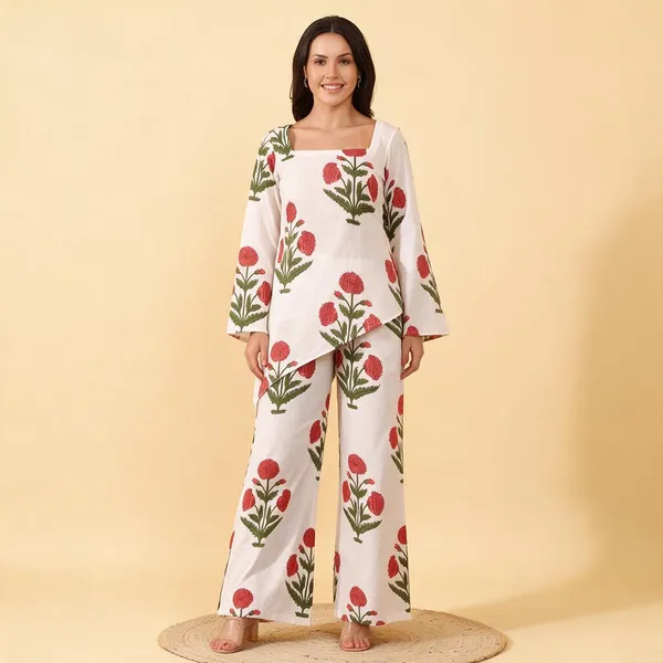 White_Cotton_Floral_Print_Kurta_Palazzo_Set_For_Women