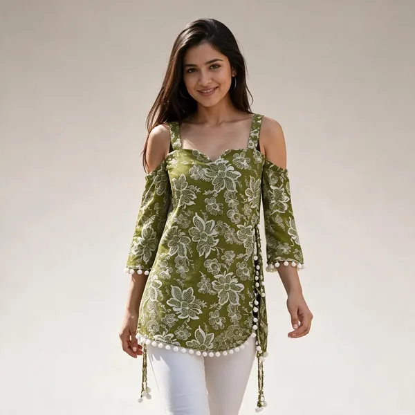Green_Cotton_Cold_Shoulder_Kurti_For_Women