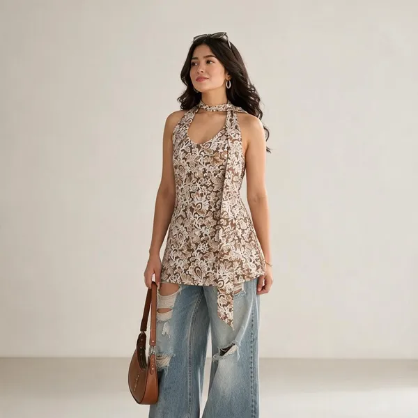 Beige_Cotton_Halter_Neck_Kurti_Top_For_Women