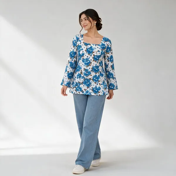 White_Cotton_Bell_Sleeve_Short_Kurti_For_Women