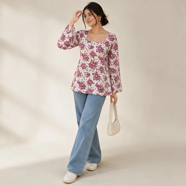 Ivory_Cotton_Floral_Print_Flared_Short_Kurti_For_Women