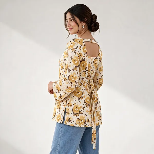 Cream_Cotton_Bell_Sleeve_Kurti_For_Women