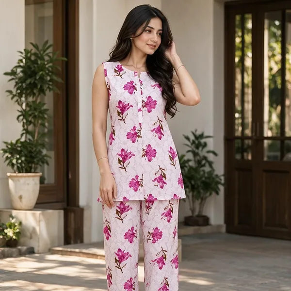 Pink_Cotton_Floral_Print_Kurta_Pant_Set_For_Women