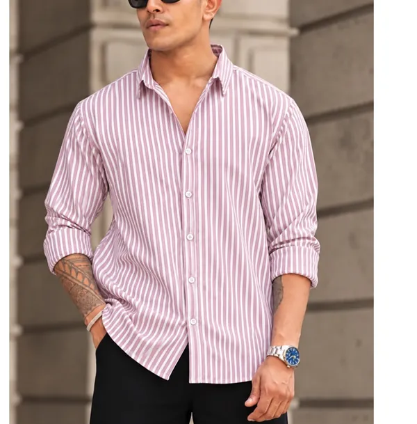Pink_Cotton_Striped_Long_Sleeve_Shirt_For_Men