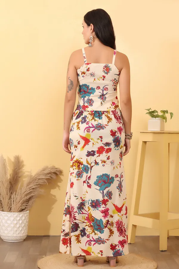Cream_Cotton_Floral_Print_Two-Piece_Set_For_Women