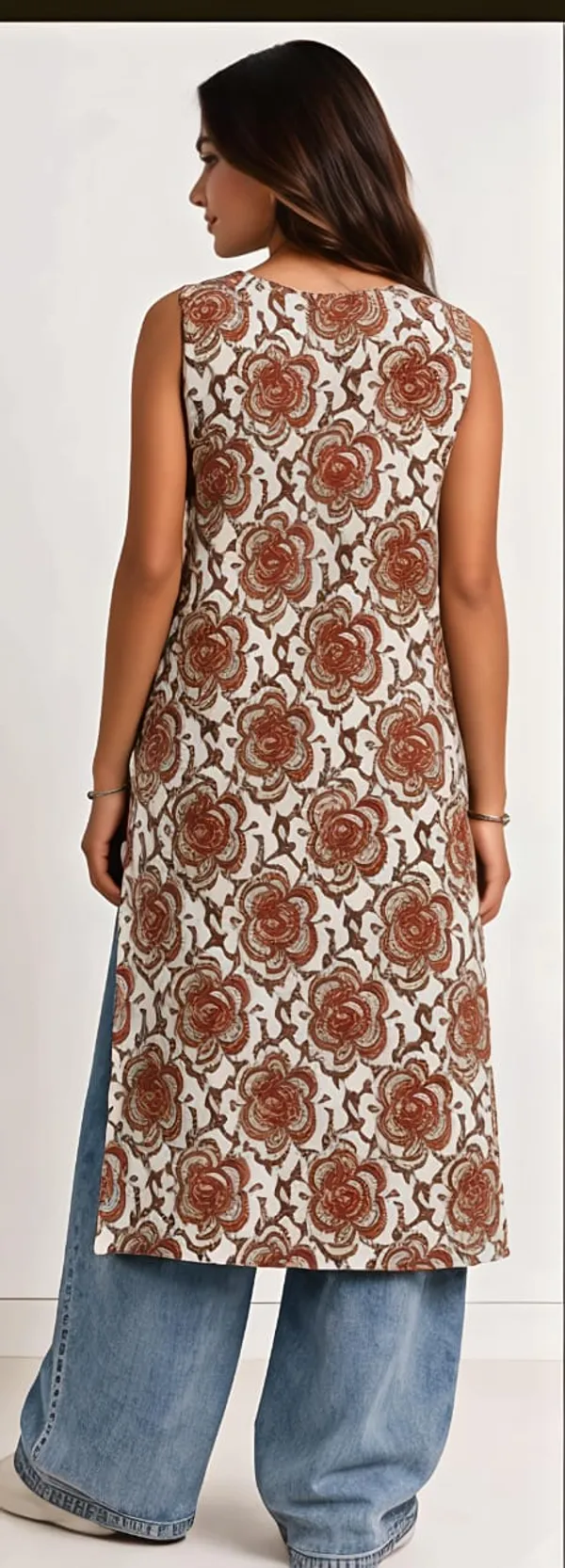 Cream_Cotton_Floral_Print_Sleeveless_Kurta_For_Women