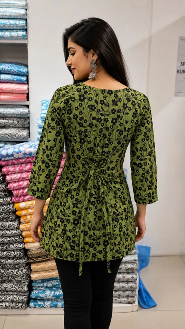 Green_Cotton_Floral_Print_Straight_Kurti_For_Women