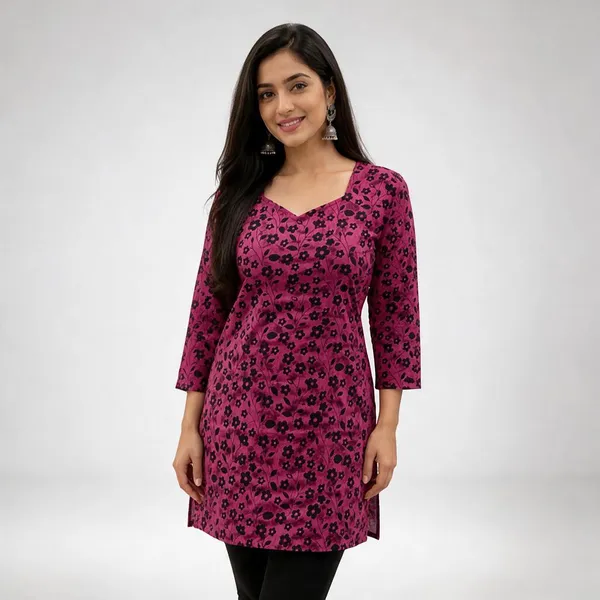 Magenta_Cotton_Floral_Print_Three-Quarter_Sleeve_Kurti_For_Women