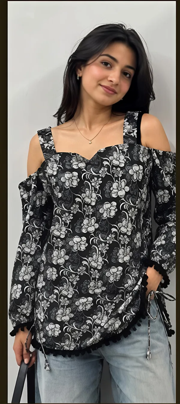 Black_Cotton_Cold_Shoulder_Short_Kurti_For_Women