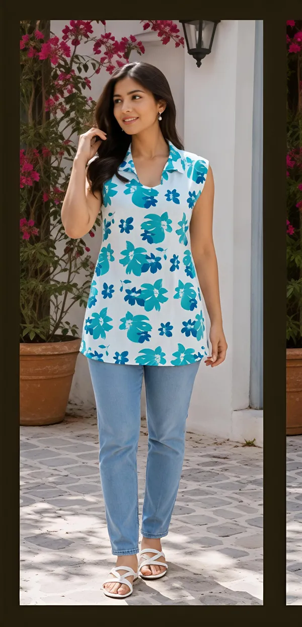 White_Cotton_Floral_Print_Sleeveless_Kurti_Top_For_Women