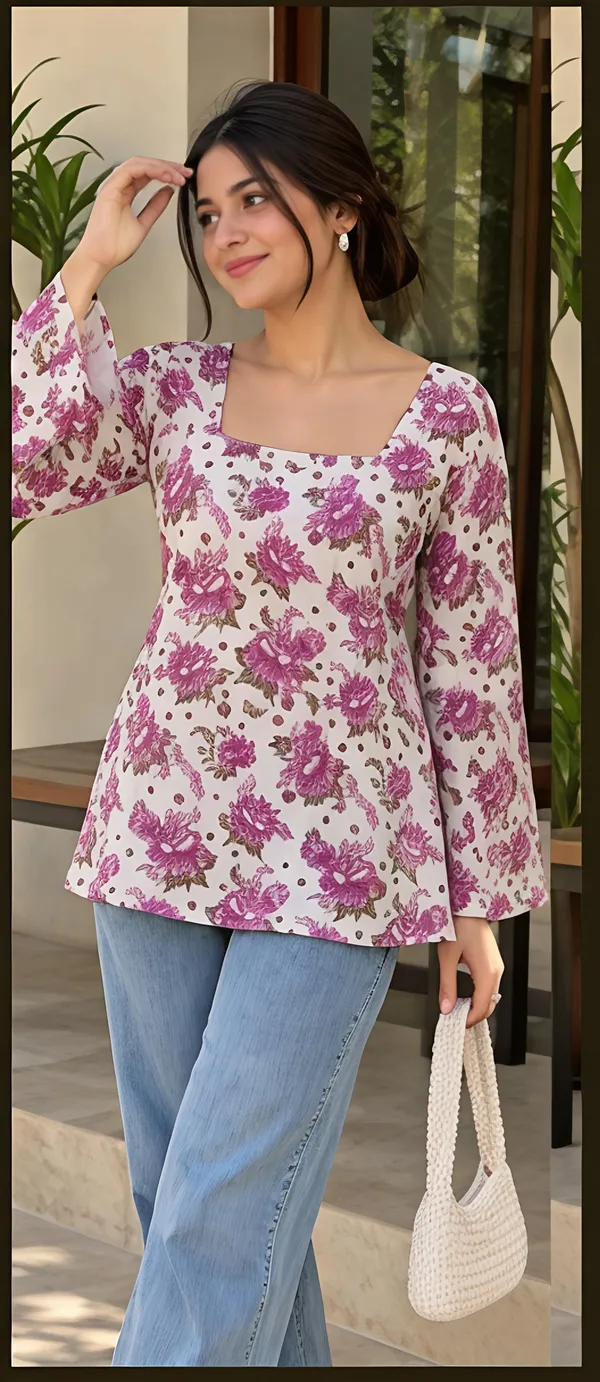 Ivory_Cotton_Floral_Print_Flared_Short_Kurti_For_Women