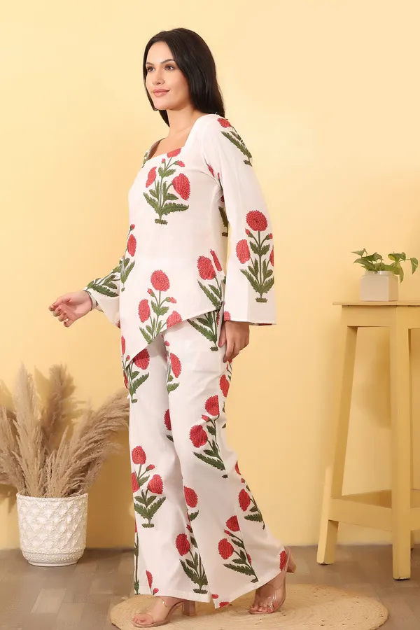 White_Cotton_Floral_Print_Kurta_Palazzo_Set_For_Women