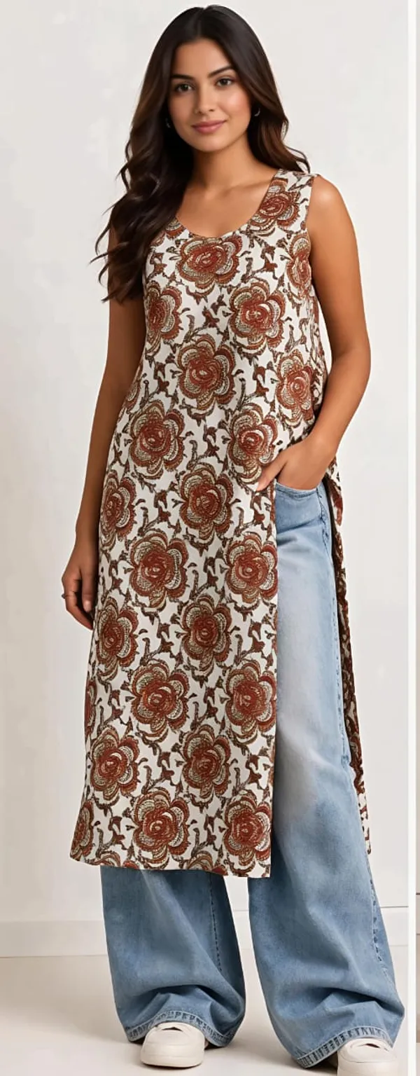 Cream_Cotton_Floral_Print_Sleeveless_Kurta_For_Women