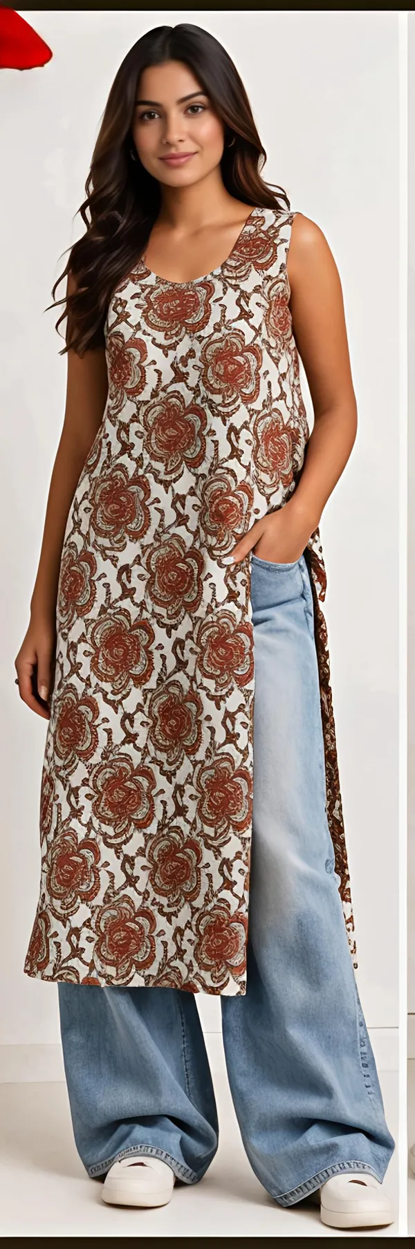 Cream_Cotton_Floral_Print_Sleeveless_Kurta_For_Women