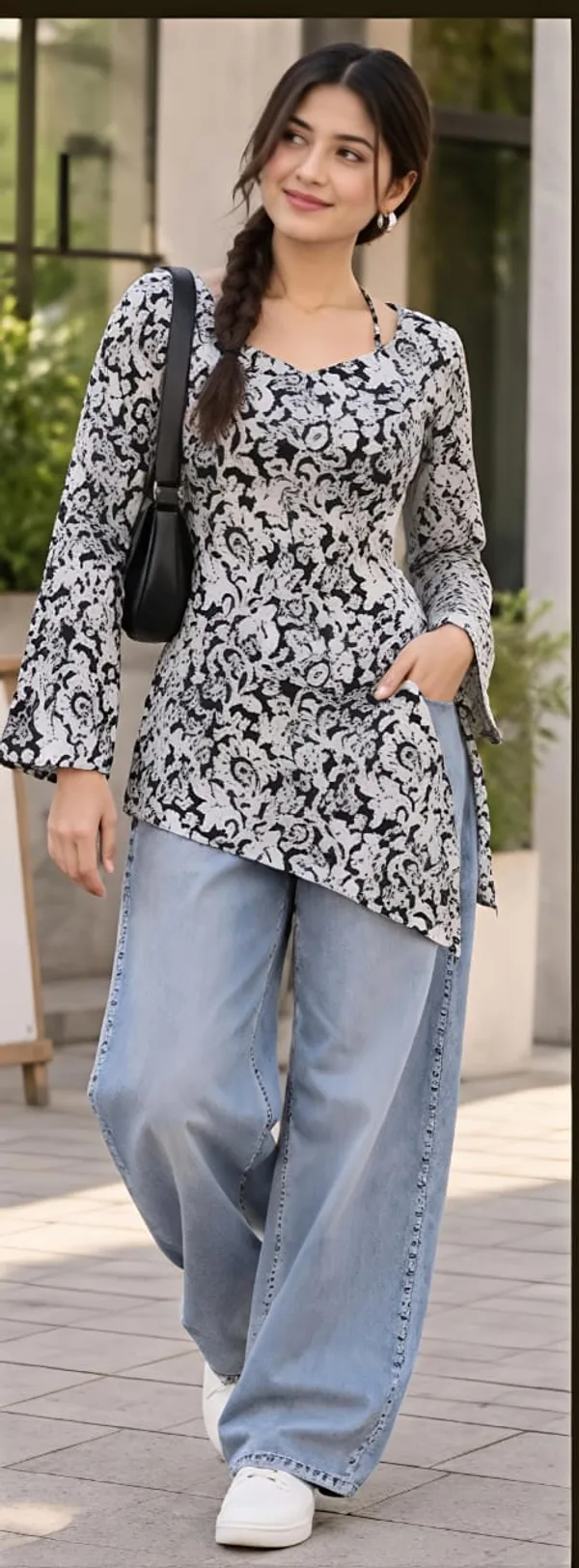Black_Cotton_Floral_Print_Long_Sleeve_Kurti_For_Women