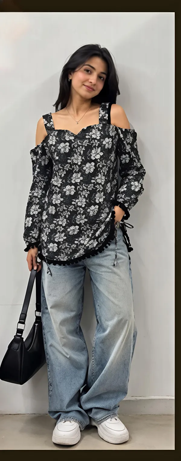 Black_Cotton_Cold_Shoulder_Short_Kurti_For_Women