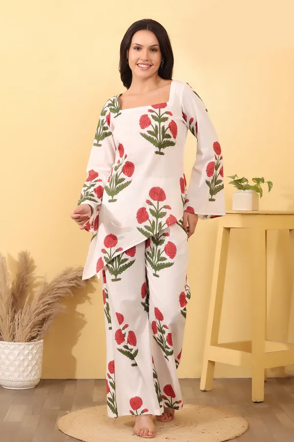 White_Cotton_Floral_Print_Kurta_Palazzo_Set_For_Women