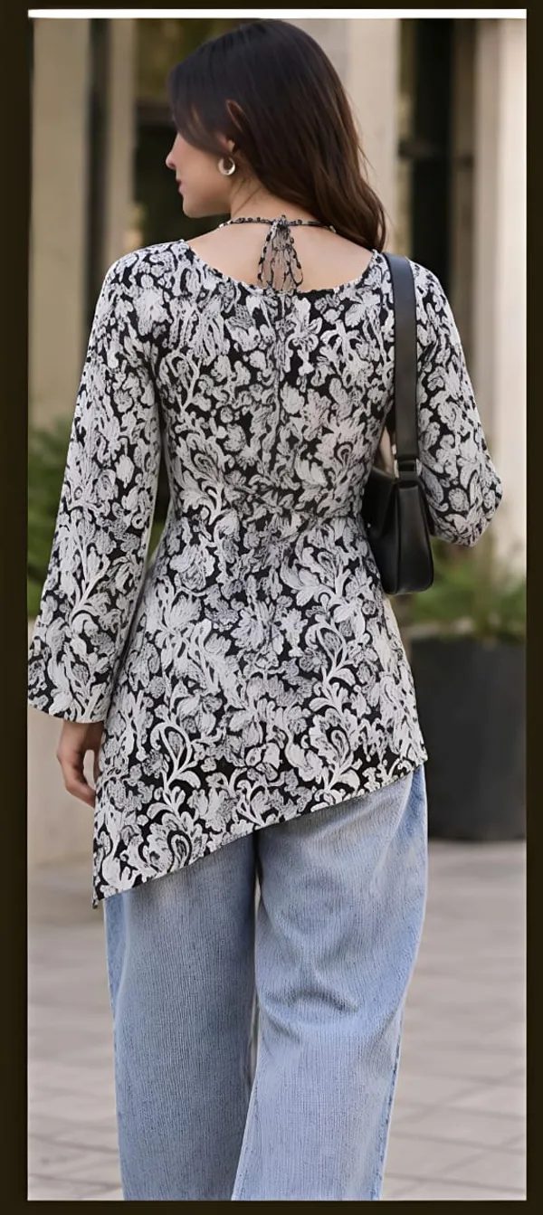 Black_Cotton_Floral_Print_Long_Sleeve_Kurti_For_Women