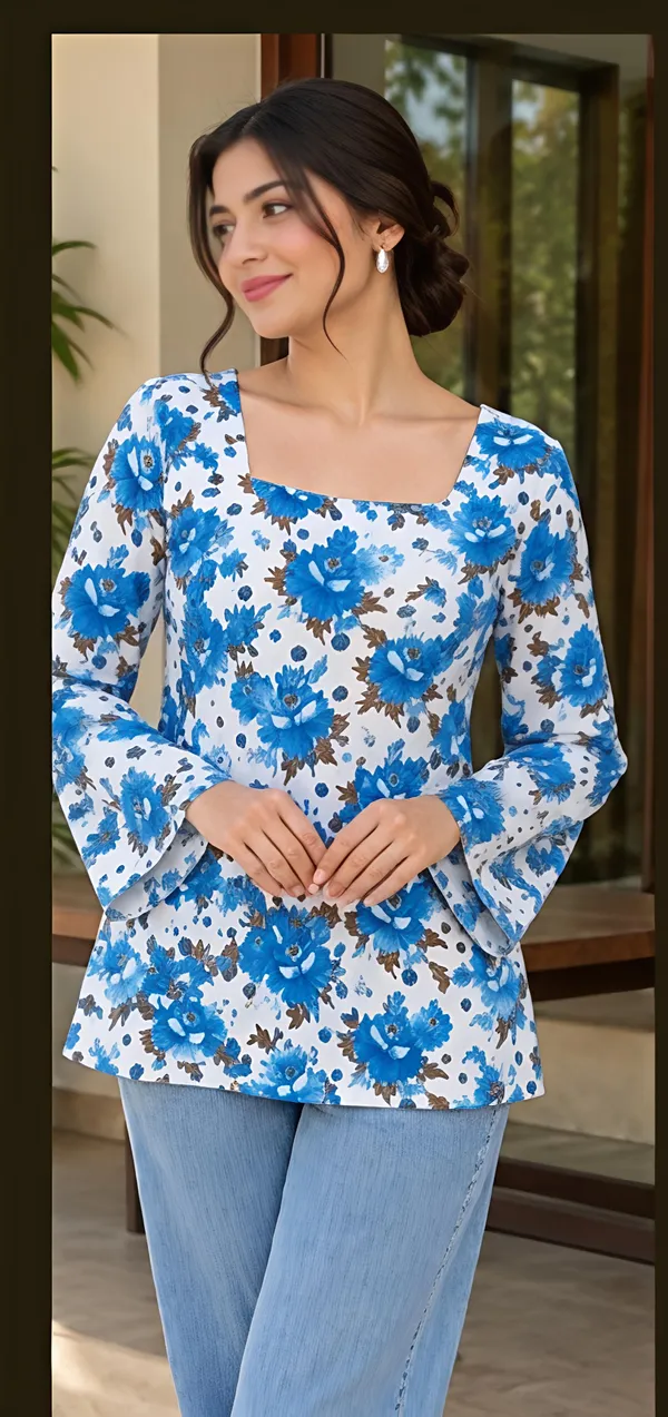 White_Cotton_Bell_Sleeve_Short_Kurti_For_Women