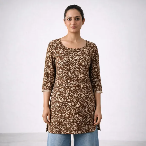 Brown_Cotton_Floral_Print_Straight_Kurta_For_Women