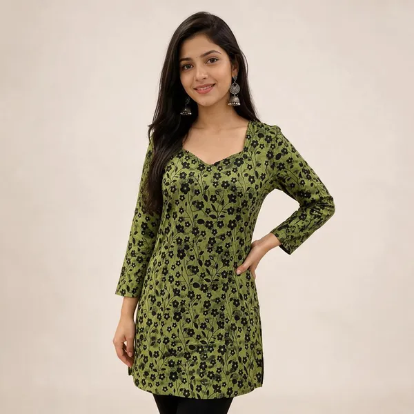 Green_Cotton_Floral_Print_Straight_Kurti_For_Women