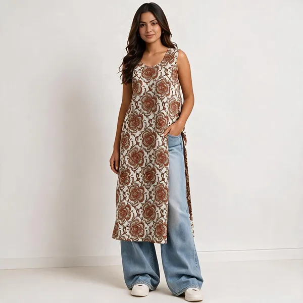 Cream_Cotton_Floral_Print_Sleeveless_Kurta_For_Women