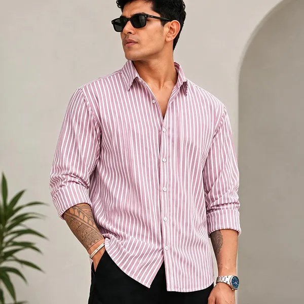 Pink_Cotton_Striped_Long_Sleeve_Shirt_For_Men