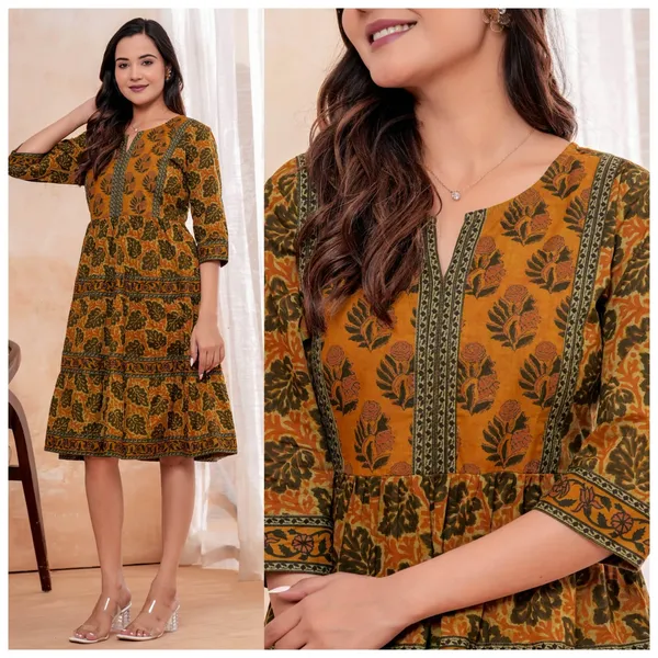 Mustard_Floral_Flared_Kurti_Dress_for_Women