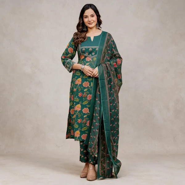 Teal_Floral_Print_Straight_Kurta_Set_For_Women