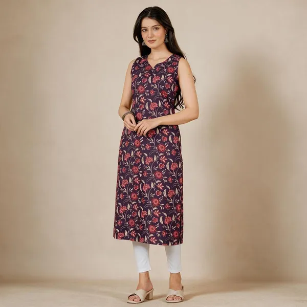 Purple_Floral_Print_Sleeveless_Kurti_For_Women