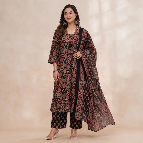 Black_Floral_Print_Kurta_Set_For_Women