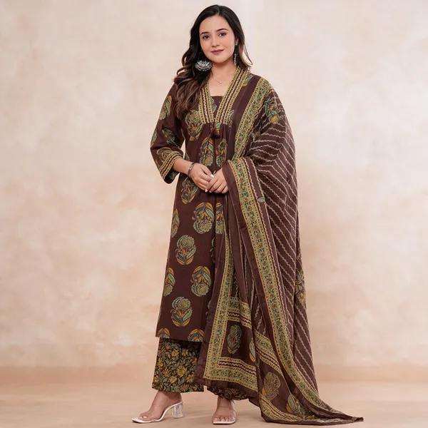 Brown_Printed_Ethnic_Kurta_Set_For_Women