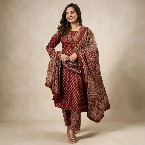 Maroon_Printed_Kurta_Set_For_Women