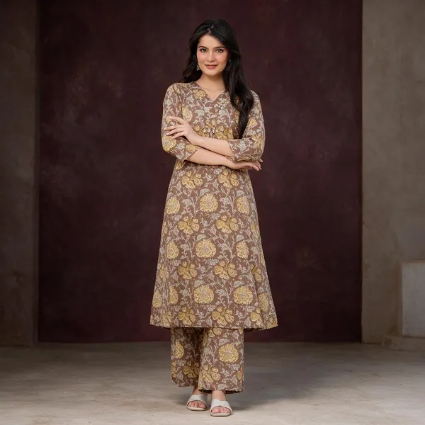 Brown_Floral_Print_Straight_Kurta_Palazzo_Set_For_Women