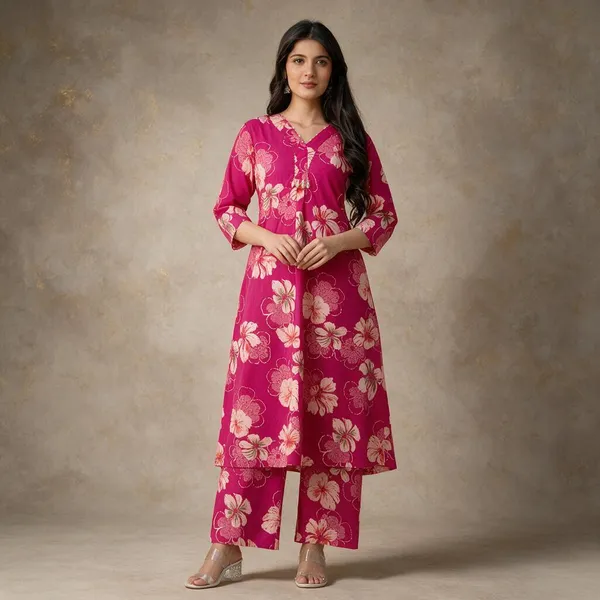 Pink_Floral_Print_Straight_Kurta_Pant_Set_For_Women
