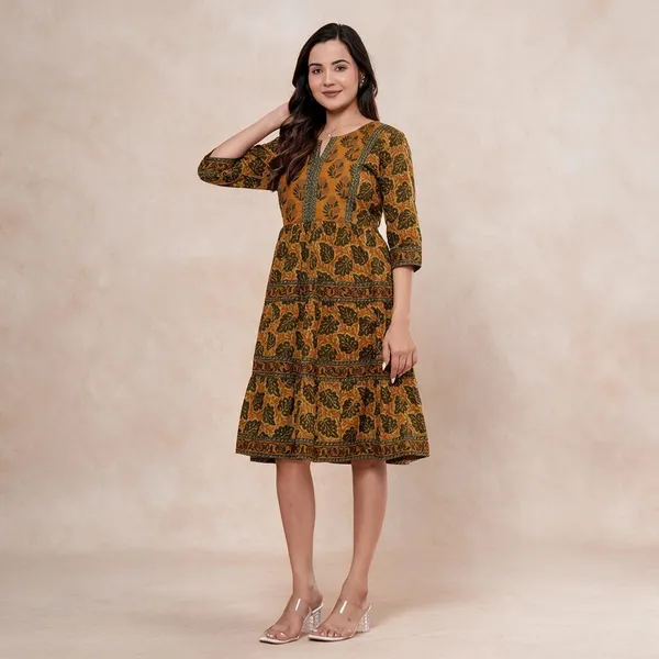 Mustard_Floral_Flared_Kurti_Dress_For_Women