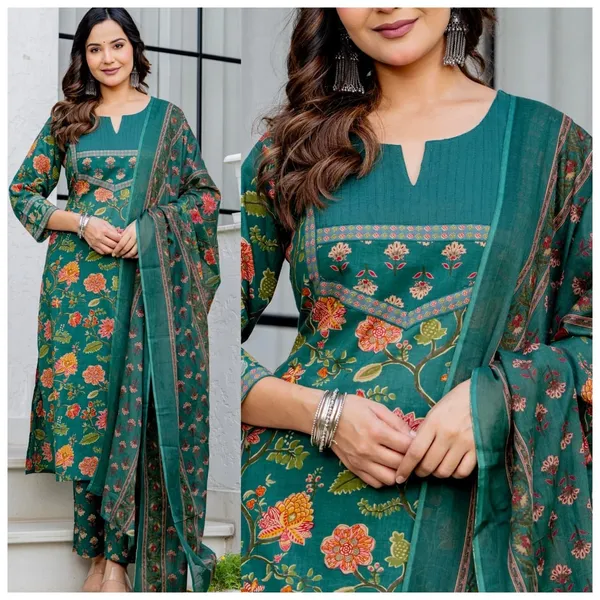 Teal_Floral_Print_Straight_Kurta_Set_For_Women