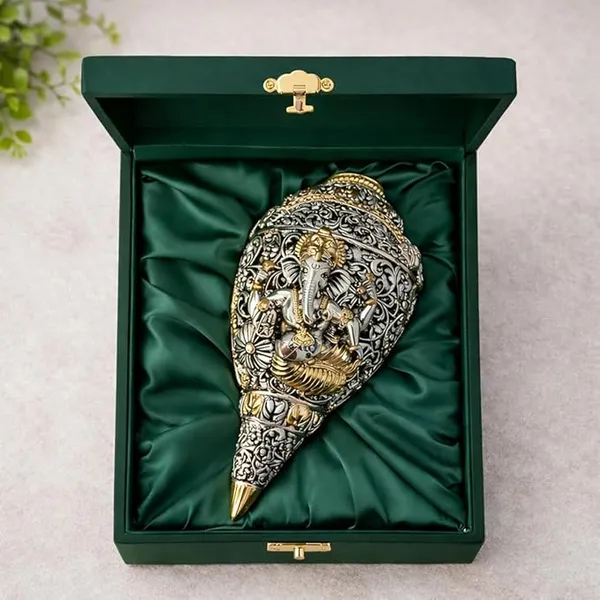 Pure_Silver_&_Gold_Plated_&_24K_Gold_Plated_Ganesh_Shankh_|_Sacred_9_Inch_Dual-Tone_Conch_Shell_|_Vastu_Showpiece_For_Success_&_Wealth_|_Auspicious_Pooja_Gift