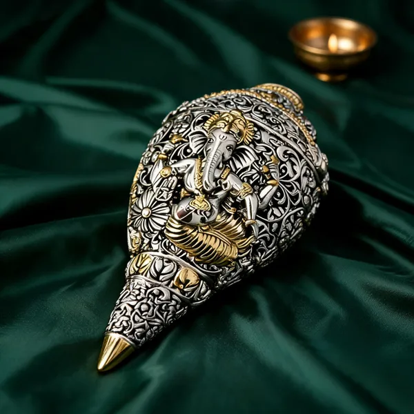 Pure_Silver_&_Gold_Plated_&_24K_Gold_Plated_Ganesh_Shankh_|_Sacred_9_Inch_Dual-Tone_Conch_Shell_|_Vastu_Showpiece_For_Success_&_Wealth_|_Auspicious_Pooja_Gift