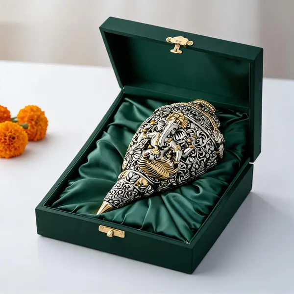 Pure_Silver_&_Gold_Plated_&_24K_Gold_Plated_Ganesh_Shankh_|_Sacred_9_Inch_Dual-Tone_Conch_Shell_|_Vastu_Showpiece_For_Success_&_Wealth_|_Auspicious_Pooja_Gift