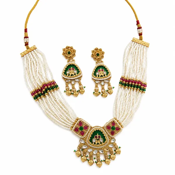 Multicolor_Gold_Plated_Brass_Multi-Strand_Pearl_Necklace_Set_For_Women