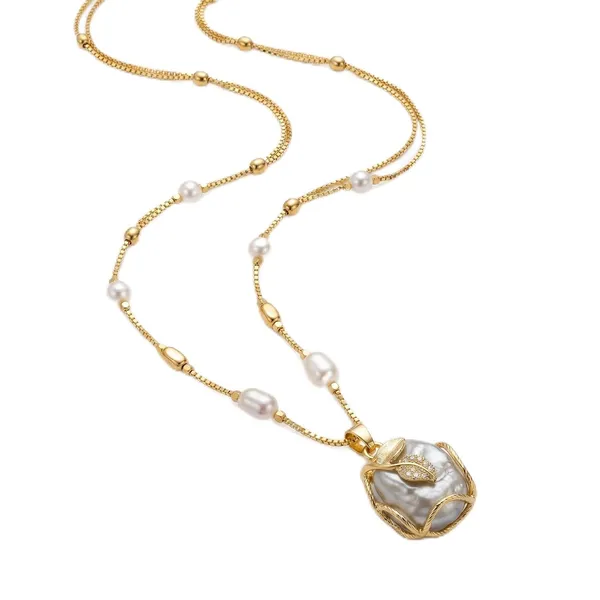 Gold_White_Gold_Plated_Brass_Pearl_Choker_Pendant_Necklace_For_Women