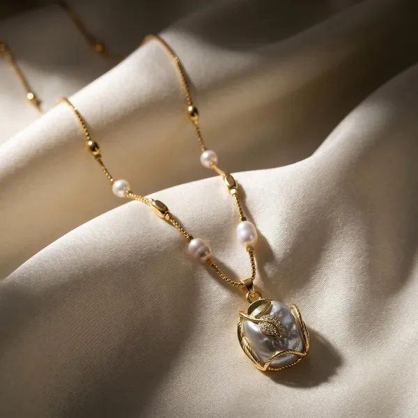 Gold_White_Gold_Plated_Brass_Pearl_Choker_Pendant_Necklace_For_Women