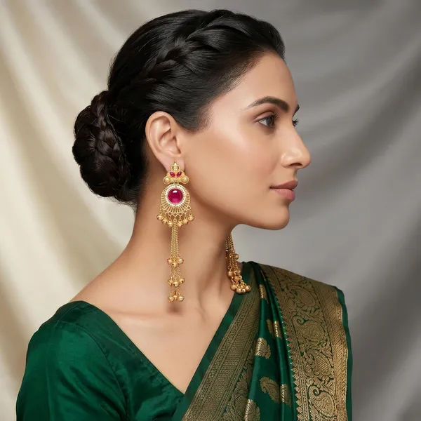Magenta_Brass_Antique_Gold_Kashmiri_Chain_Jhumka_Earrings_For_Women