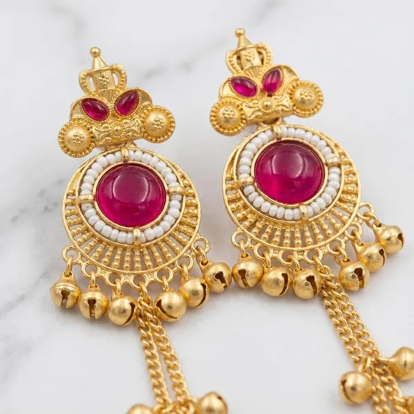 Magenta_Brass_Antique_Gold_Kashmiri_Chain_Jhumka_Earrings_For_Women