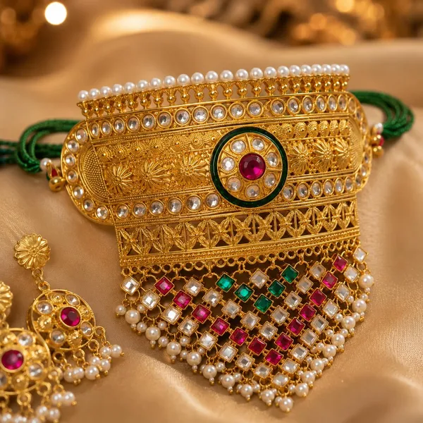 Gold_Brass_Kundan_Pearl_Choker_Necklace_Set_For_Women