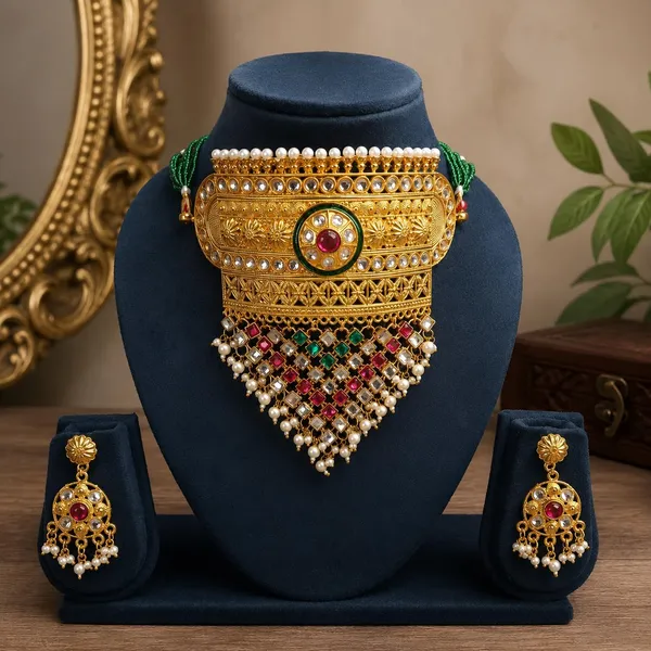 Gold_Brass_Kundan_Pearl_Choker_Necklace_Set_For_Women