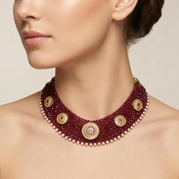 Maroon_Gold_Brass_Hydro_Crystal_Bead_Choker_Necklace_For_Women