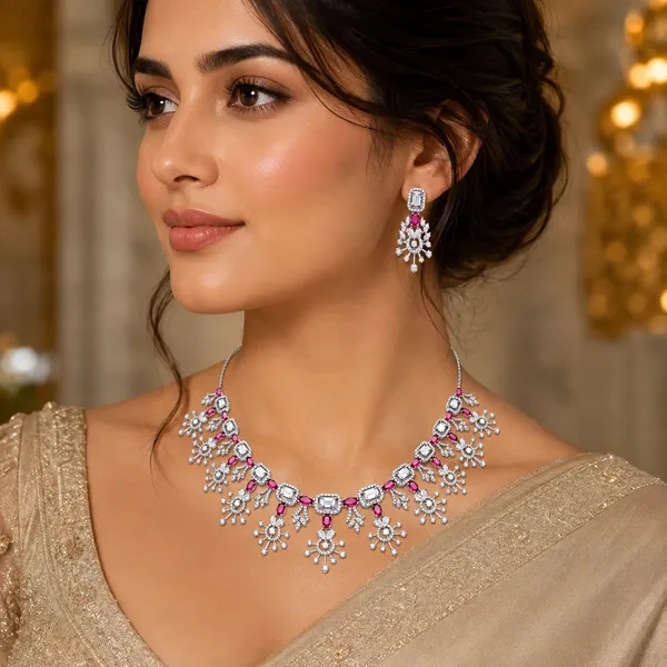Magenta_Pink_Brass_Cz_Stone_Statement_Necklace_Set_For_Women