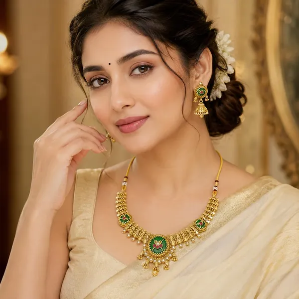 Antique_Gold_Multicolor_Brass_Kundan_Choker_Necklace_Set_With_Jhumka_For_Women